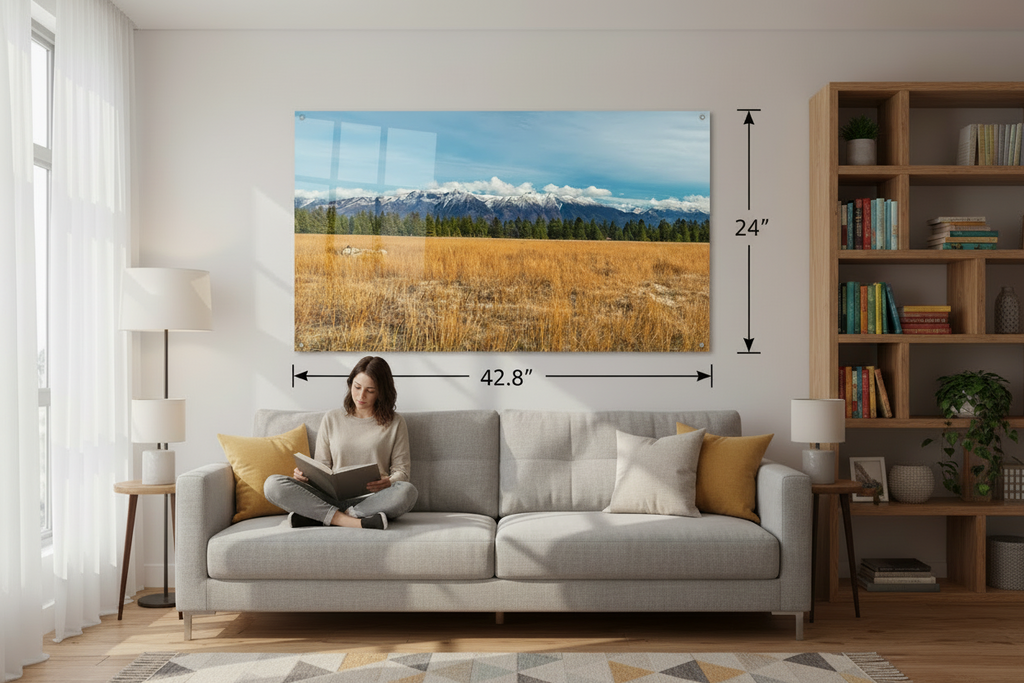 Living room with a large wall-mounted acrylic photograph displaying a scenic landscape.